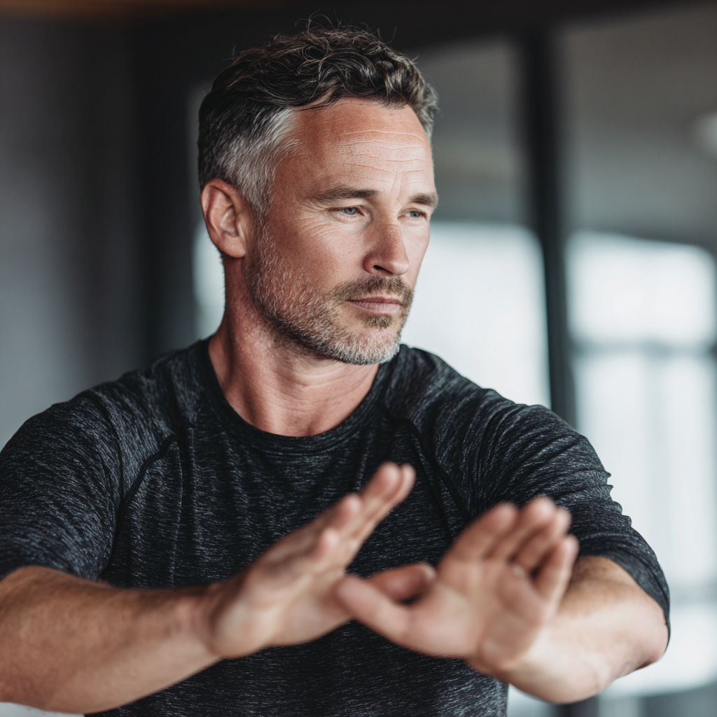 focused middle-aged man practicing mindful movement patterns