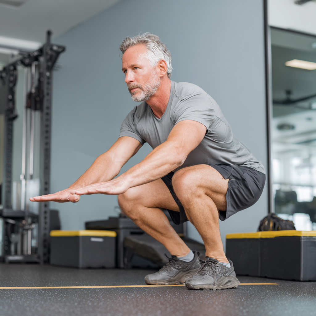 mature man performing controlled functional movement exercise